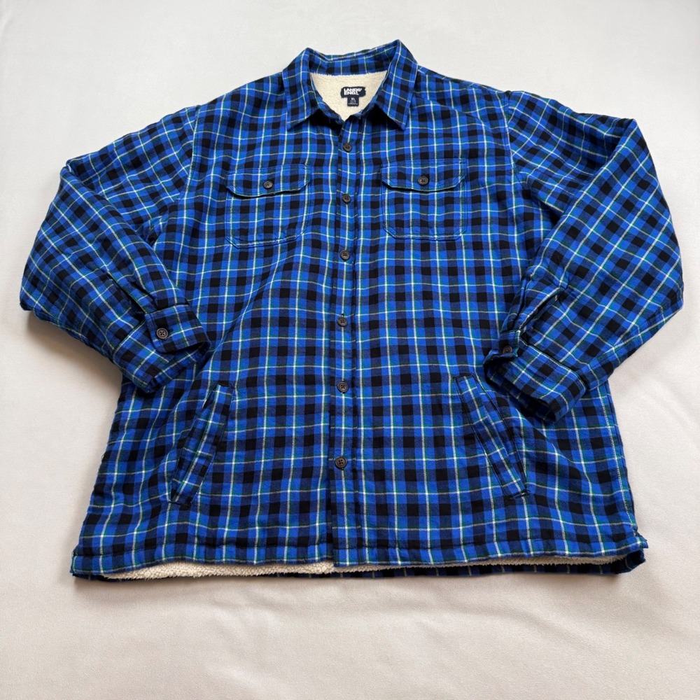 Lands End Mens XL Blue Plaid Sherpa Lined Flannel Shirt Jacket Insulated 533562